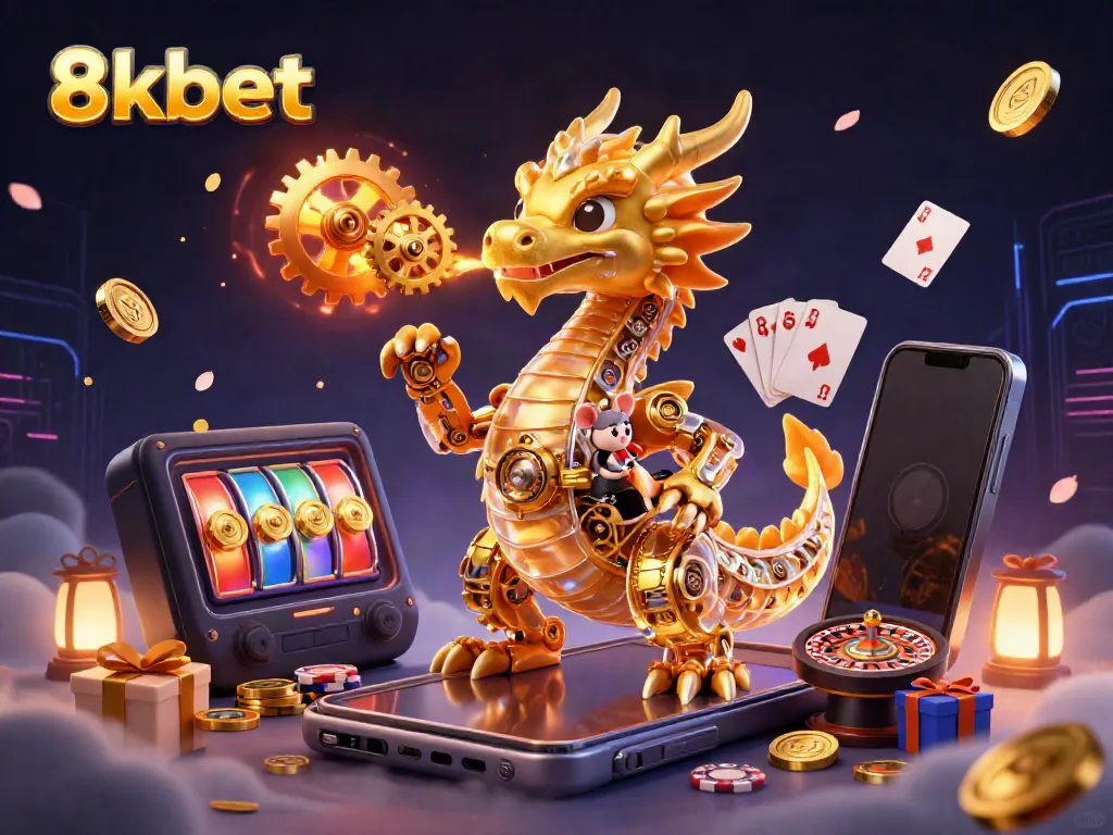 8kbet presents an engaging scene with a golden dragon, a mouse engineer, and vibrant gaming elements.