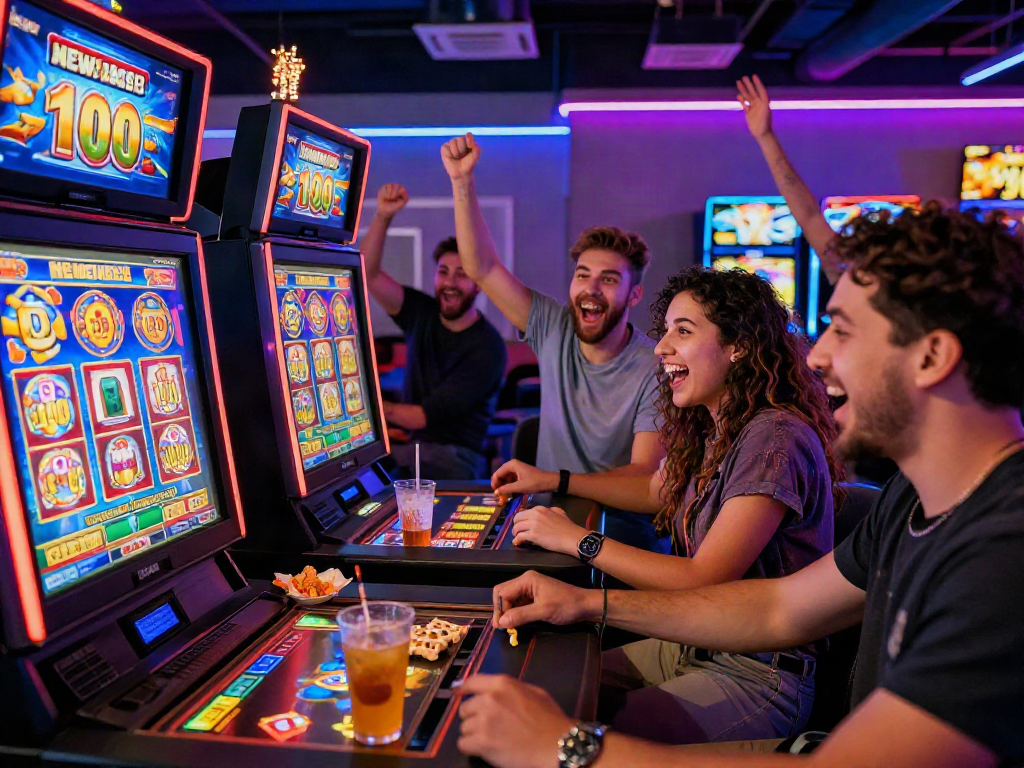 Exciting online casino atmosphere with friends enjoying slot bonus new member 100 offers.