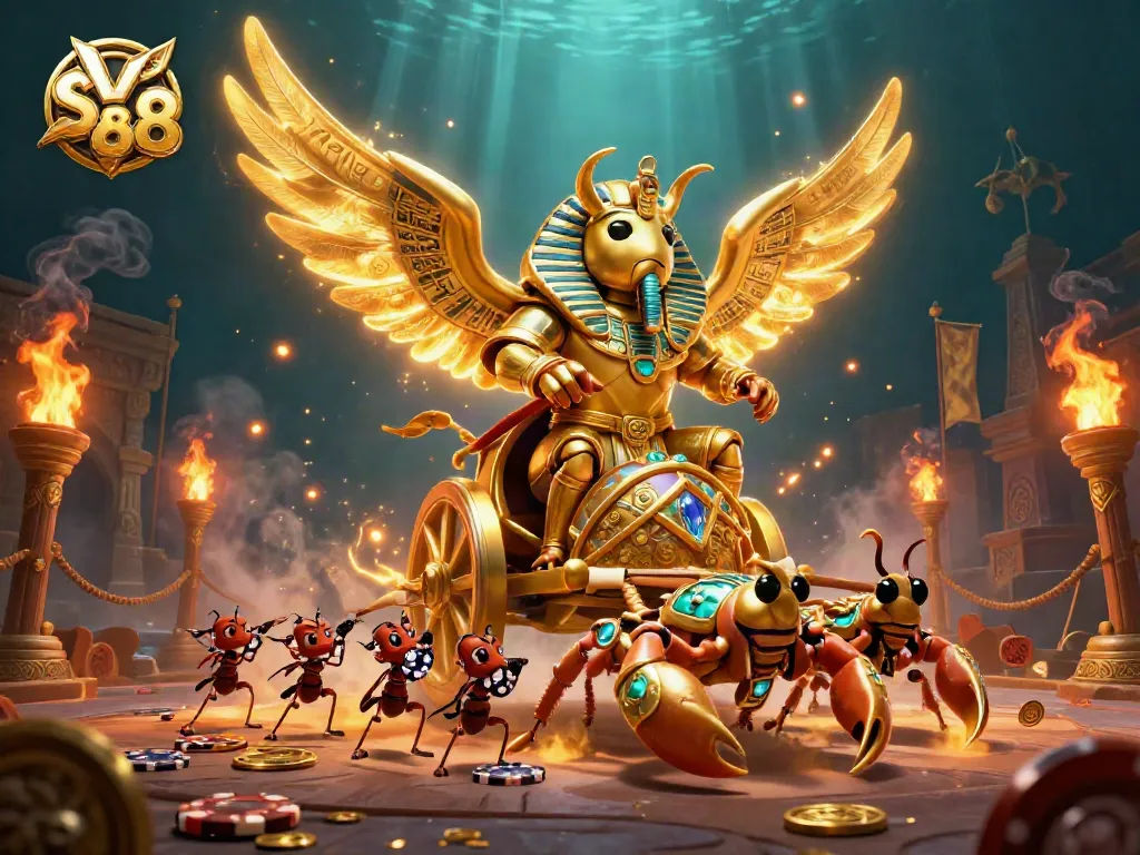 Win big with SV88 at the dynamic casino arena featuring a golden scarab and scorpions