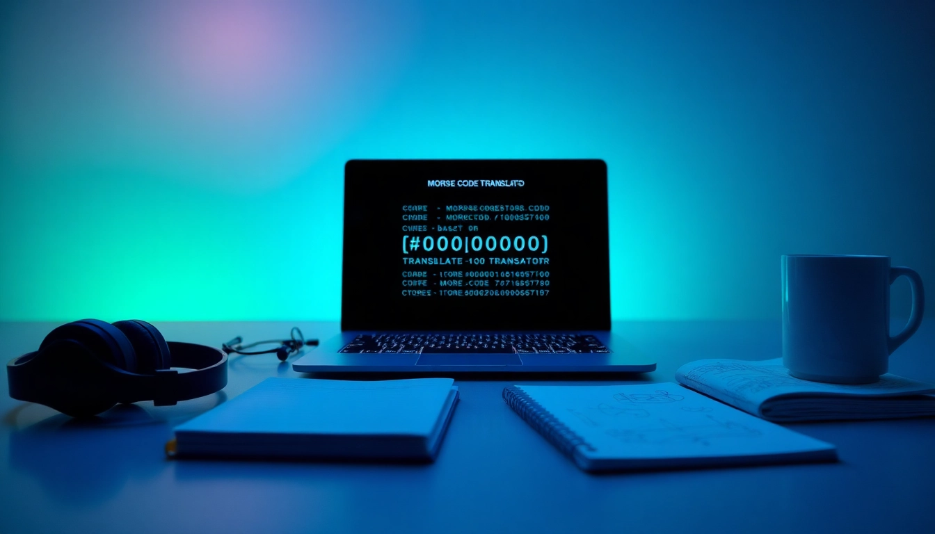 Morse code translator interface in a modern study setting with laptop, headphones, and notebooks.