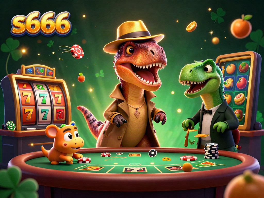 S666 casino scene featuring a velociraptor card counter, stegosaurus pit boss, and compy pickpocket at a blackjack table.