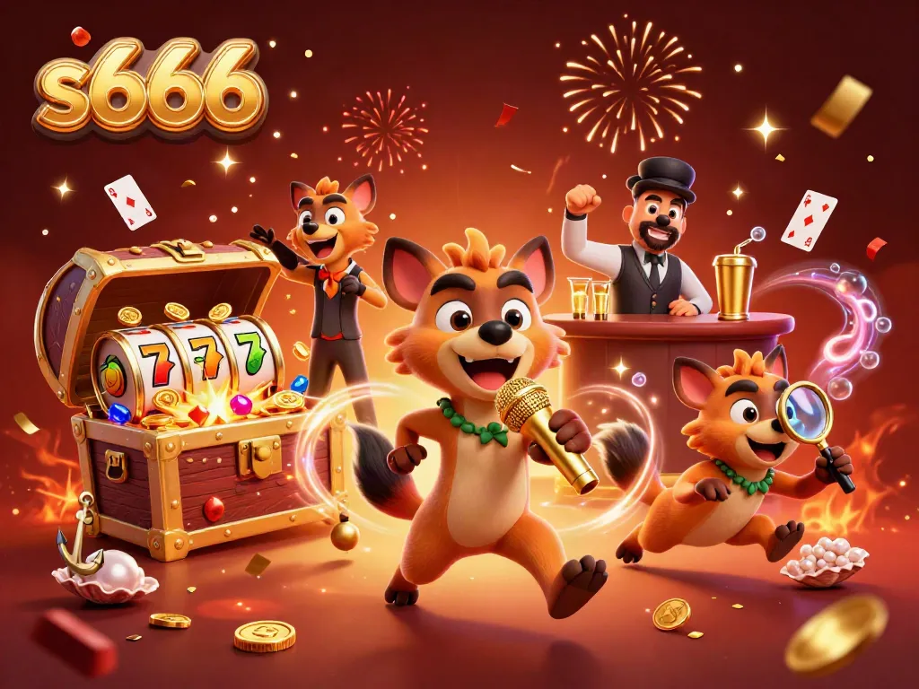 Engage in thrilling s666 casino fun with hyena characters at a comedy club, showcasing vibrant casino elements.