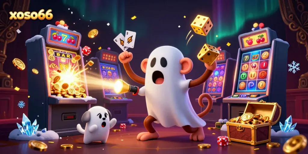 Experience the excitement of xoso66 in a vibrant haunted casino scene filled with golden coins and magical characters.