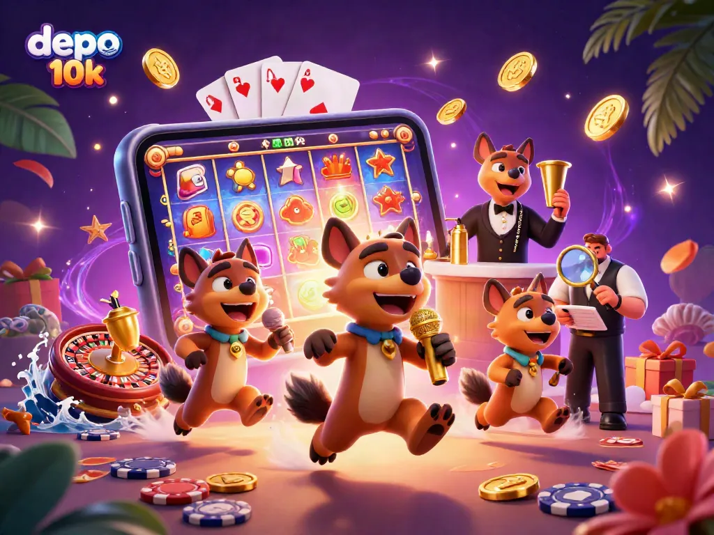 Engage in exciting betting action with depo 10k, featuring lively hyenas in a casino scene, vibrant slot games, and golden rewards.