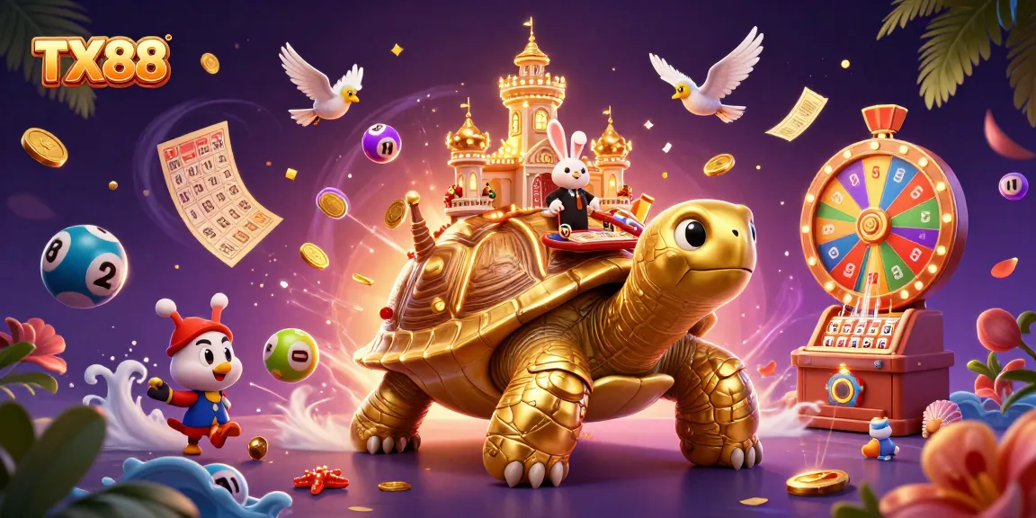 Experience the excitement of TX88 with a vibrant casino scene featuring a golden tortoise and lively game elements.