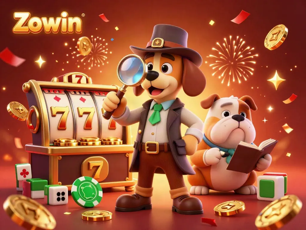 Experience Zowin's thrilling casino scene with cartoon characters uncovering poker clues amidst vibrant gaming elements.