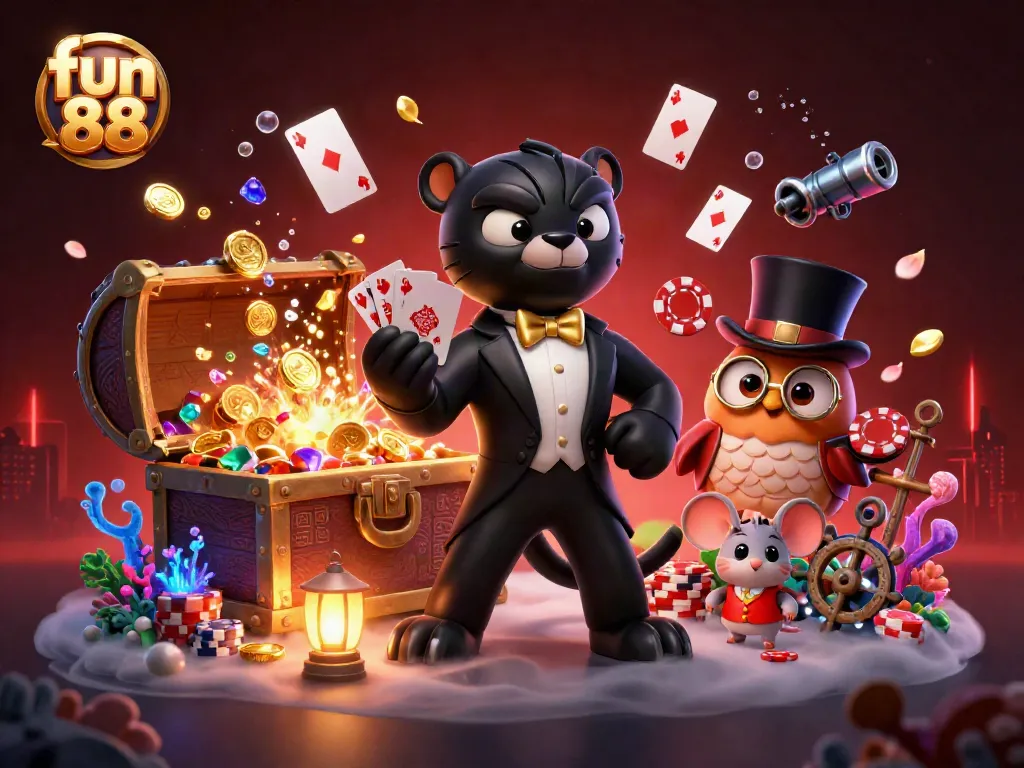 Experience fun 88 with a stylish panther dealing cards, surrounded by vivid casino elements.