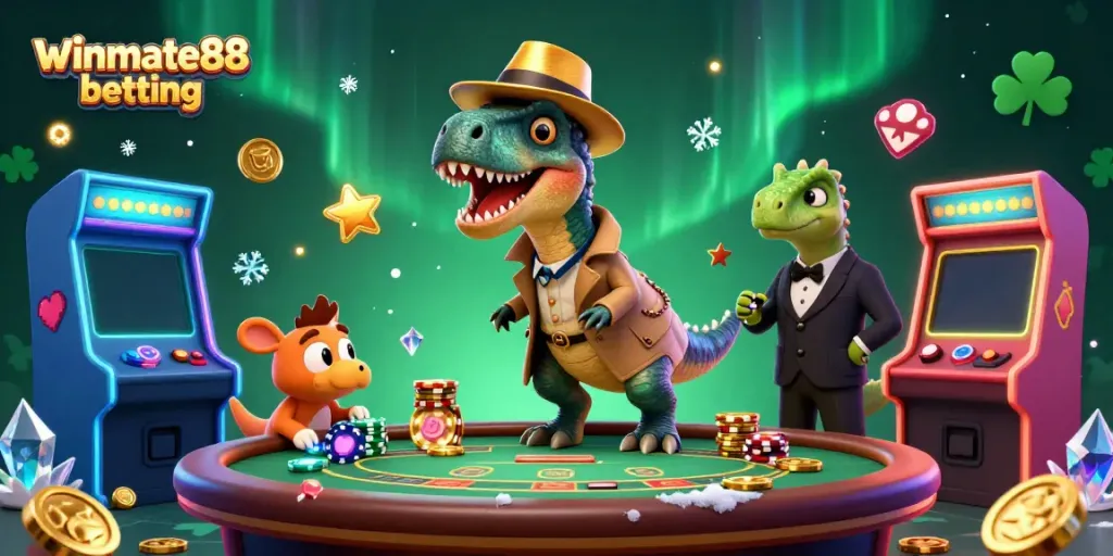Play winmate88 betting with a cartoon velociraptor card counter in action.