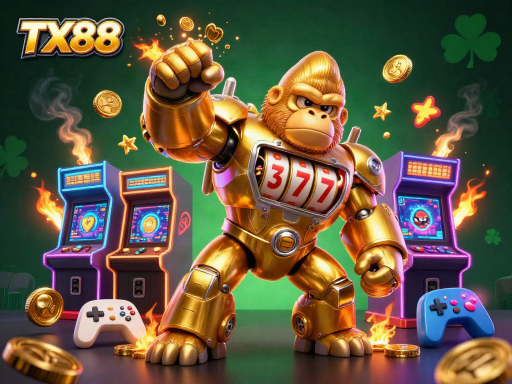 Engage in thrilling casino action with TX88, featuring a dynamic 3D gorilla mech amidst vibrant gaming elements.