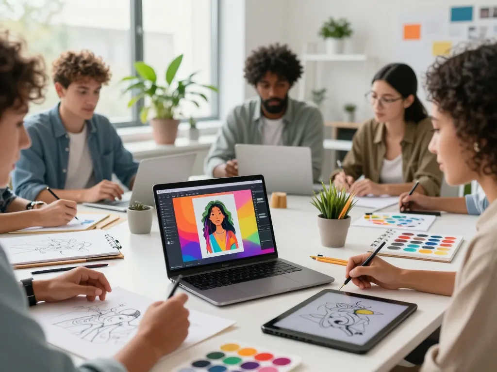 Artists collaborating on digital designs using nano banana ai in a bright, modern workspace.