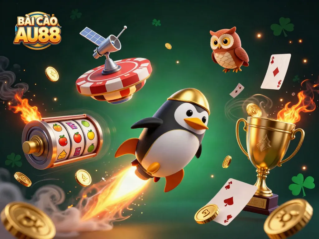 Experience the thrilling adventure of BÀI CÀO 3 LÁ AU88 with a golden penguin soaring toward a vibrant casino world.