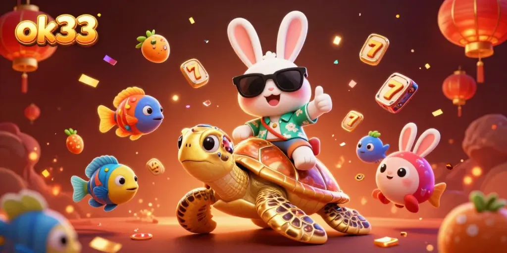 Engage with the lucky rabbit and golden turtle in this vibrant 3D ok33 casino scene.