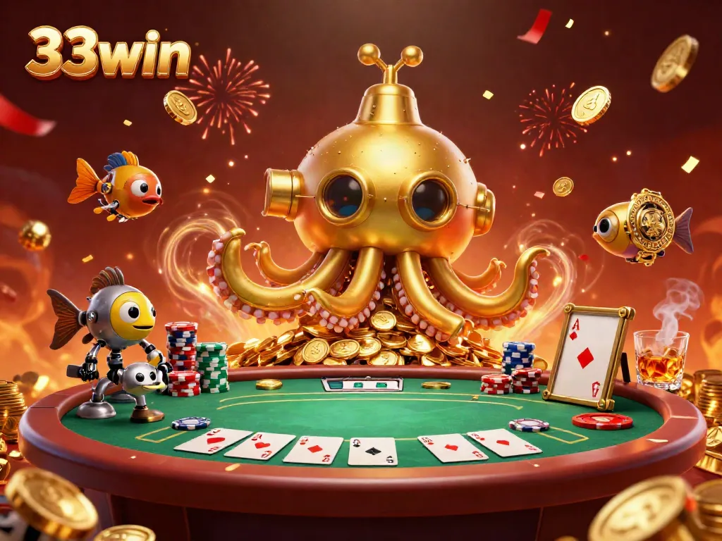 Experience thrilling gameplay with 33win's dynamic poker scene, featuring a golden kraken amidst vibrant casino action.