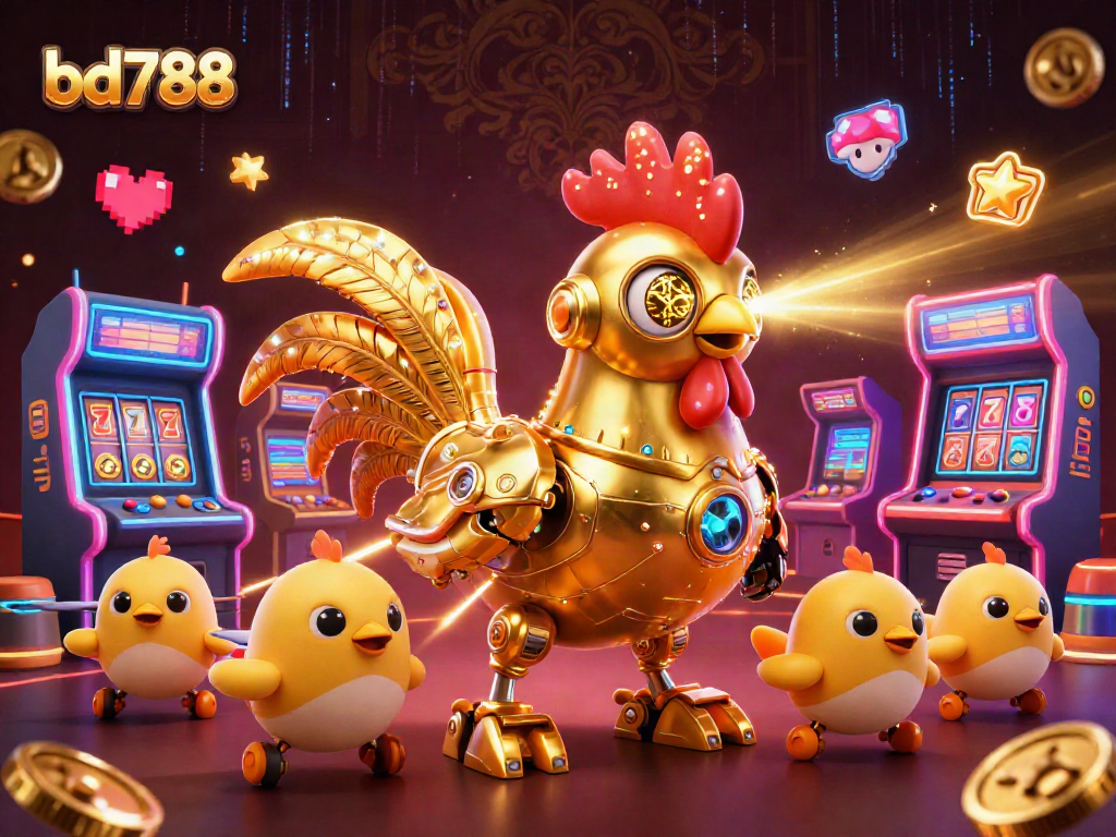 Engaging gameplay with bd788-themed golden rooster robot and arcade elements in vibrant casino setting.