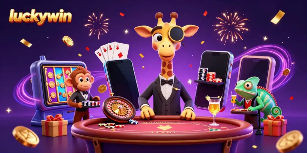 Experience the excitement of luckywin with a high-roller giraffe and vibrant casino action in this stunning illustration.