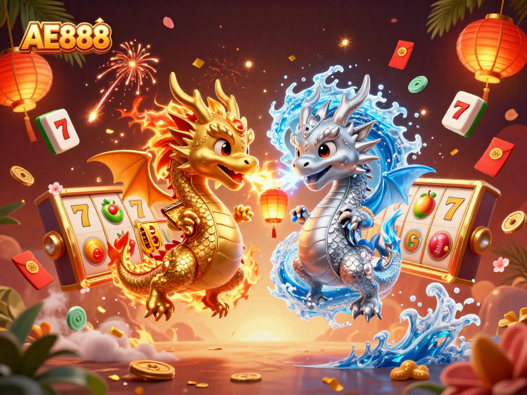 Engage with AE888's thrilling slot adventures, featuring dynamic dragons amidst exciting casino elements.