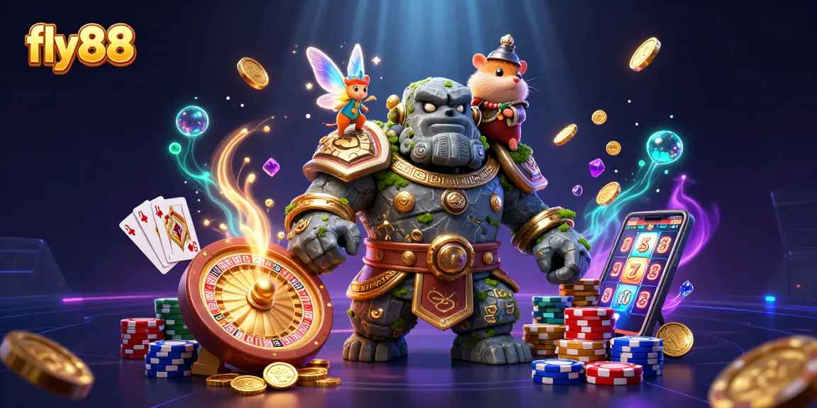 Experience thrilling gameplay with fly88's dynamic features in this ultra-detailed 3D casino illustration.