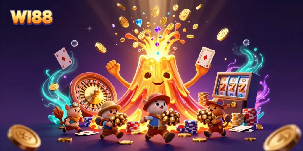 Experience excitement with WI88 casino, featuring a triumphant volcano, treasure, and vibrant gaming elements.