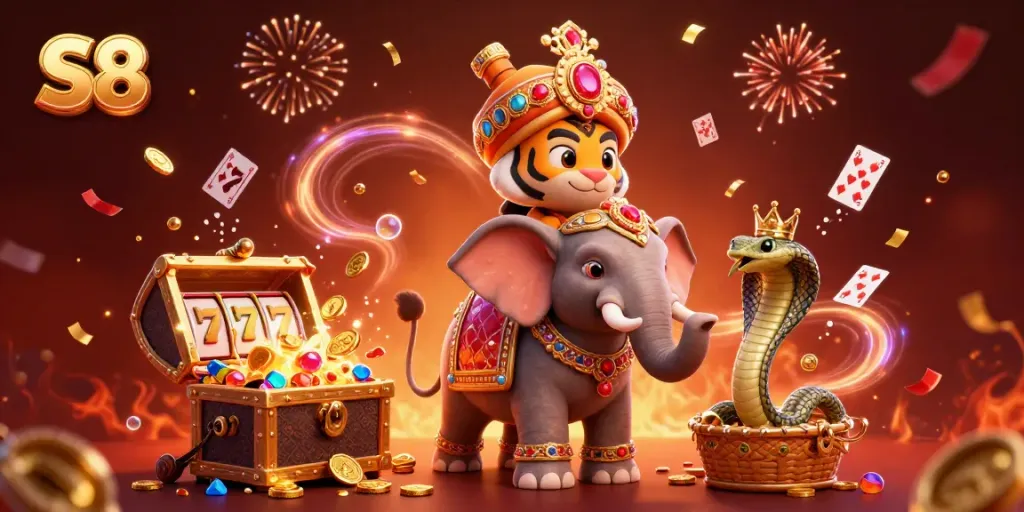 S8 showcases vibrant online gaming with a treasure-filled casino scene, featuring a majestic elephant and a tiger.