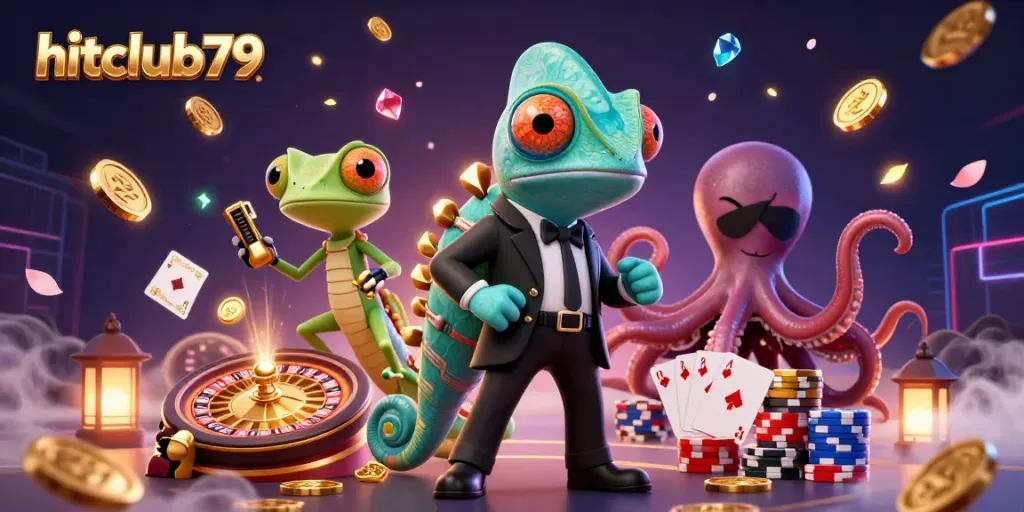 Play thrilling games and win at hitclub79 with a vibrant casino scene featuring colorful characters and dynamic elements.