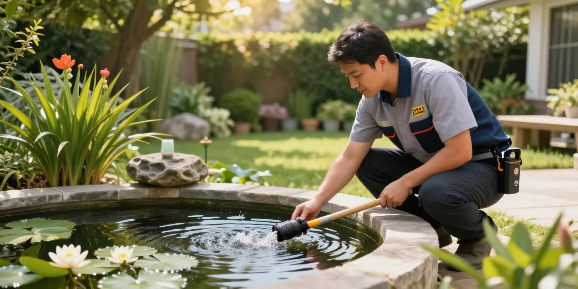 Pond specialist inspecting a serene garden pond with vibrant aquatic plants and a fountain.