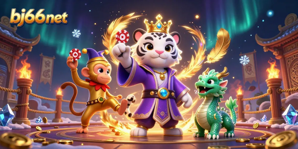 Engage with the lively bj66 net scene featuring a royal tiger and a jester monkey amidst vibrant casino elements.