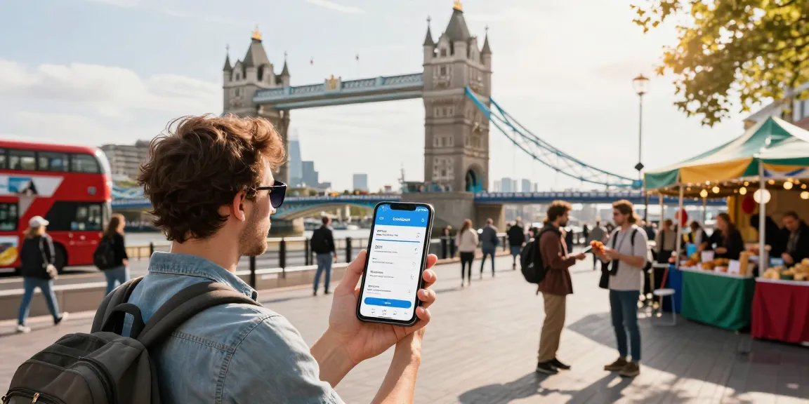 CocoRoam traveler using eSIM app at London Bridge, vibrant city scene.