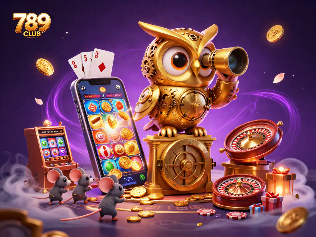 Experience the excitement at 789CLUB with a captivating 3D casino scene featuring an owl, slot game, and vibrant elements.