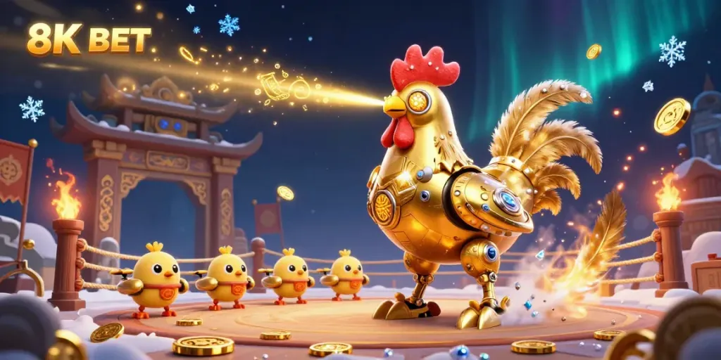 Engage in dynamic gaming at 8K BET with a vibrant illustration featuring a golden rooster robot and baby chick drones.