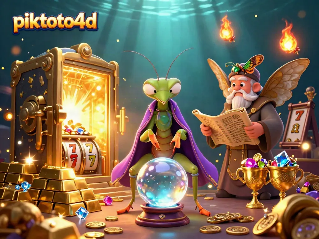 Engage with the enchanting world of piktoto4d as the cartoon mantis fortune teller unveils jackpots in a mystical setting.