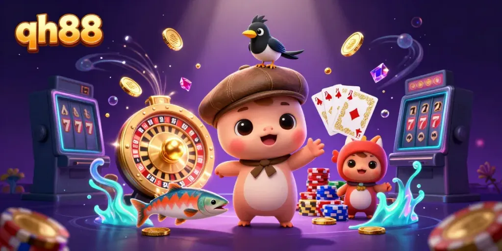 Engage with qh88 as you explore exciting games in a vibrant 3D casino scene featuring cartoon Nessie.