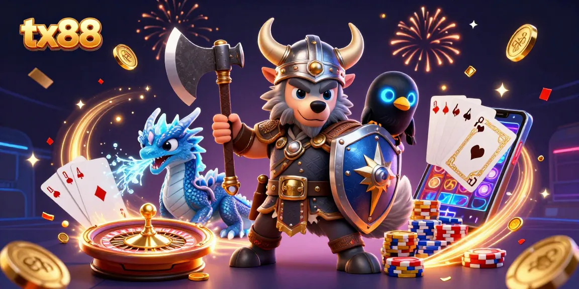 Engage with tx88 and enjoy a thrilling casino adventure featuring a Viking warrior, dragon, and dynamic gaming elements.