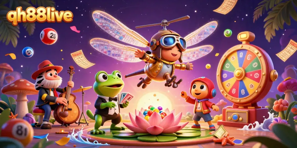 Experience the excitement of qh88live with a colorful casino scene featuring unique characters and dynamic elements.