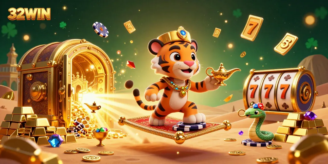 Engage in thrilling casino adventures with 32WIN, featuring an Arabian Nights sultan and vibrant slot elements.