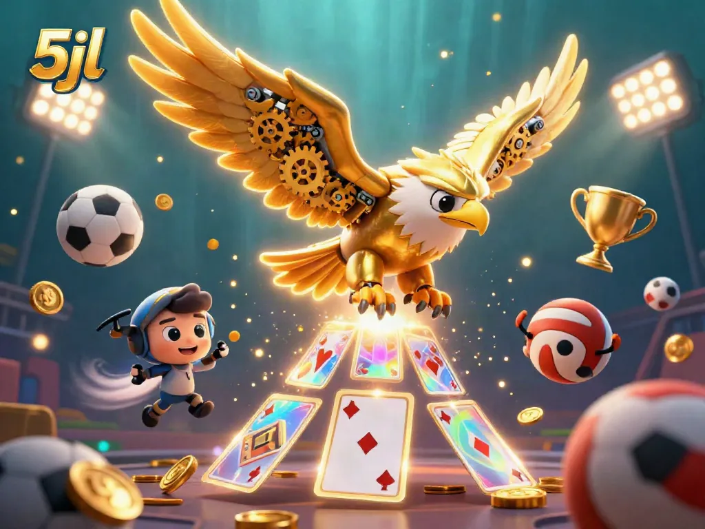 Engage with the dynamic 5jl gaming experience, featuring a flying golden eagle amidst holographic cards.