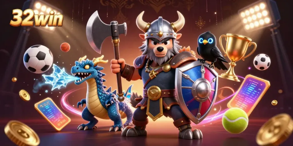 Experience thrilling gameplay at 32win with the Viking warrior, dragon, and sports elements.