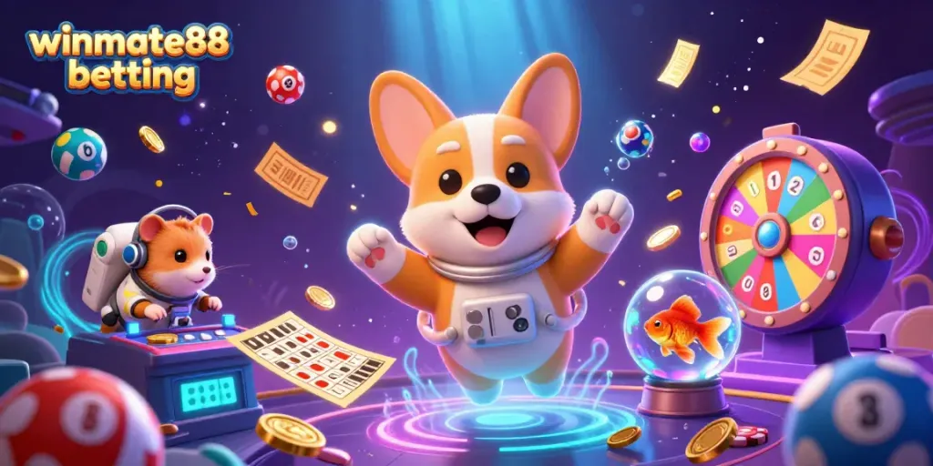 Winmate88 betting scene showcasing a corgi astronaut in a vibrant casino cosmos with energy-filled gaming elements.