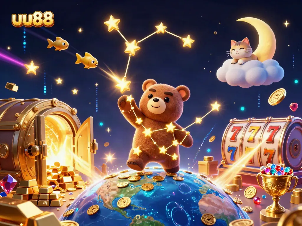 Experience thrilling wins at uu88 with vibrant slot reels and celestial characters in a dazzling casino universe.