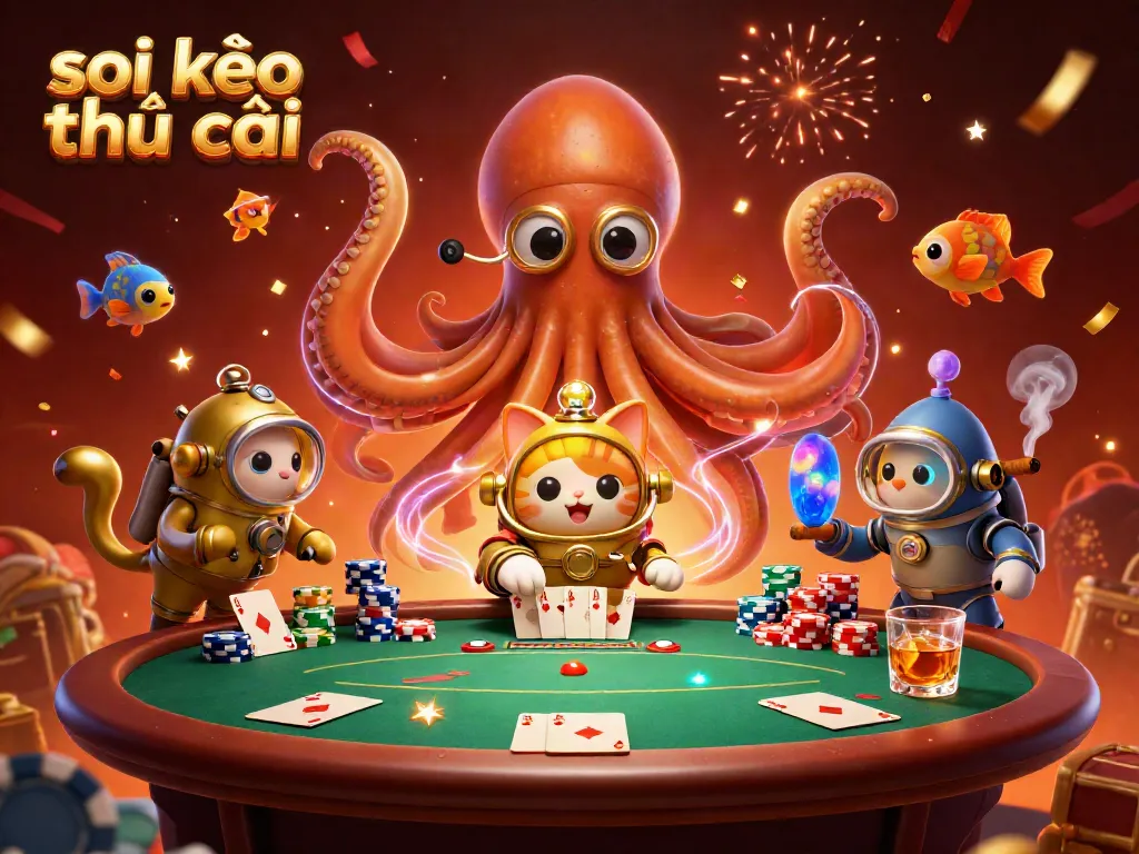 Experience the vibrant action of soi kèo nhà cái with a kraken and diving cat amidst poker elements.