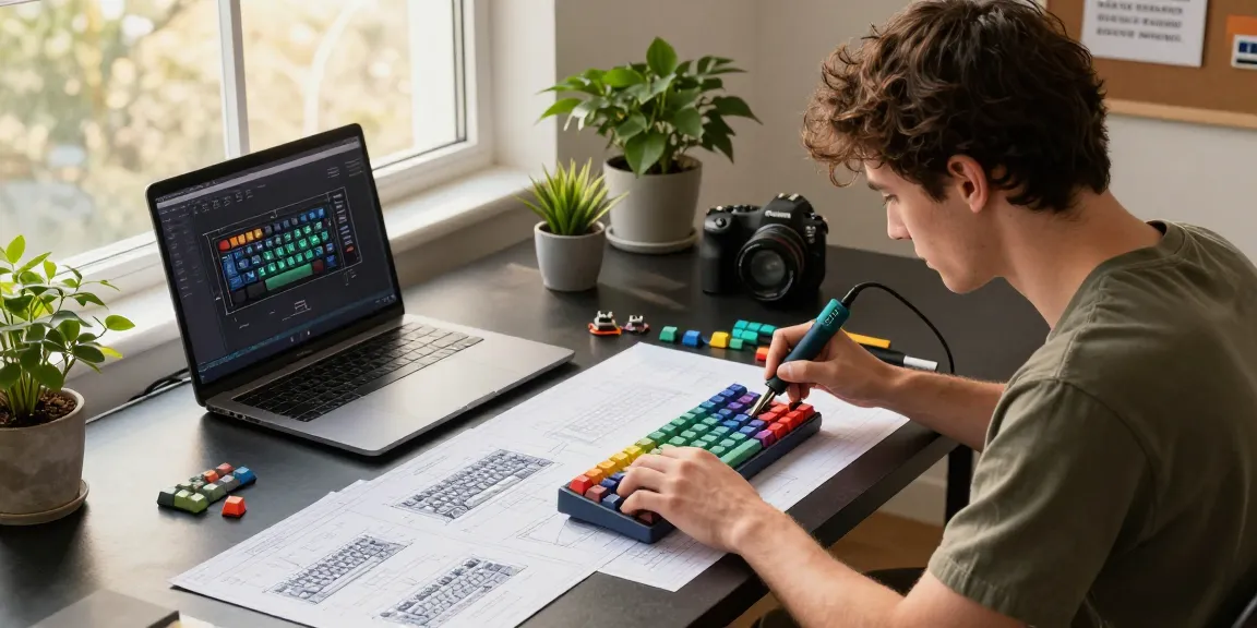 Assembling a custom 68 keyboard with keycaps and switches in a modern workspace.