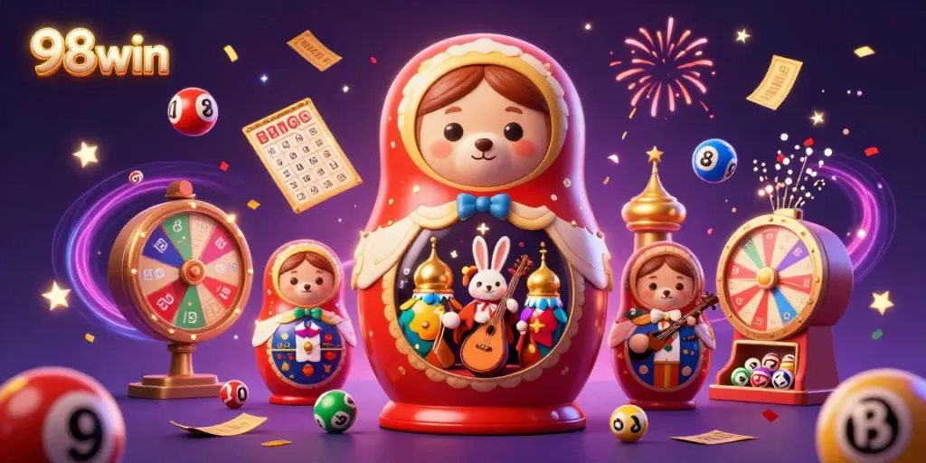 Engage with exciting 98win gaming as cartoon bears reveal casino surprises amidst vibrant elements.