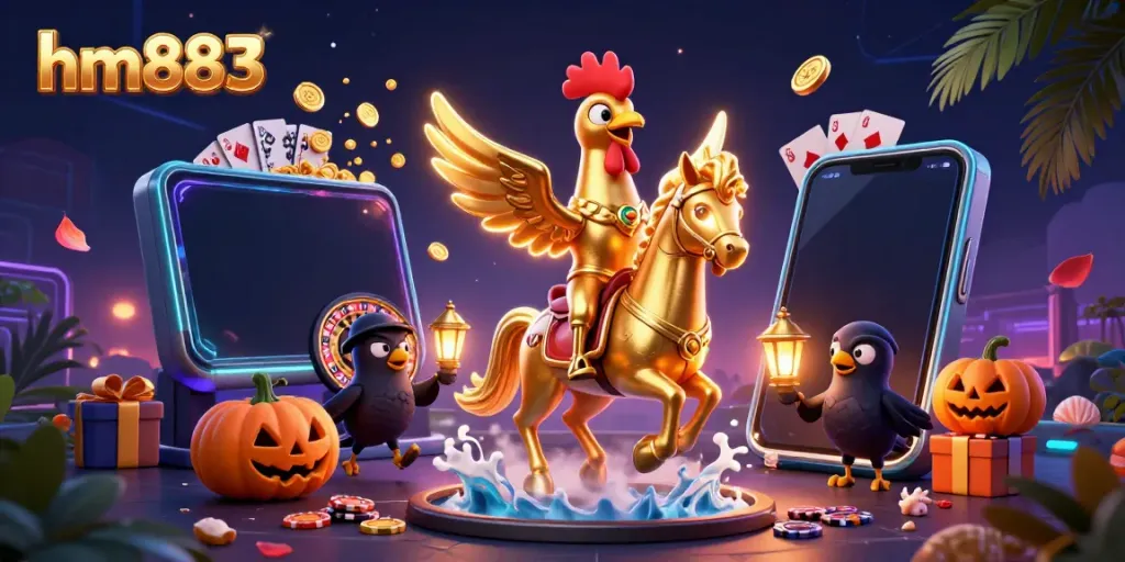 Engage in best moments at hm883 with golden rooster and spectral horse in vibrant casino scene