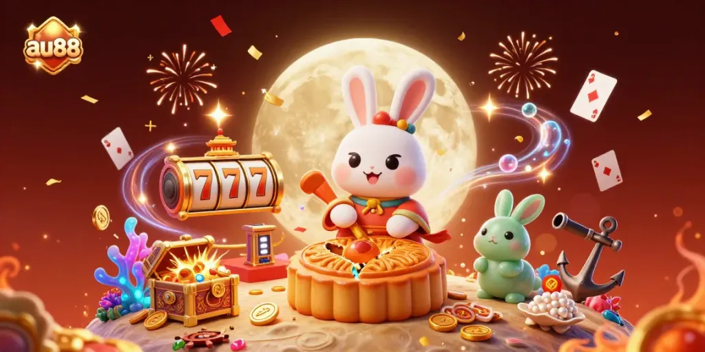 Experience the excitement of au88 with vibrant casino action featuring a moon rabbit, slot reels, and poker chips.
