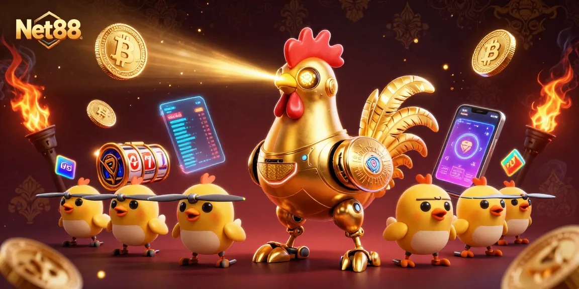 Engage with Net88's vibrant casino world, featuring a golden rooster robot amidst slot game elements.