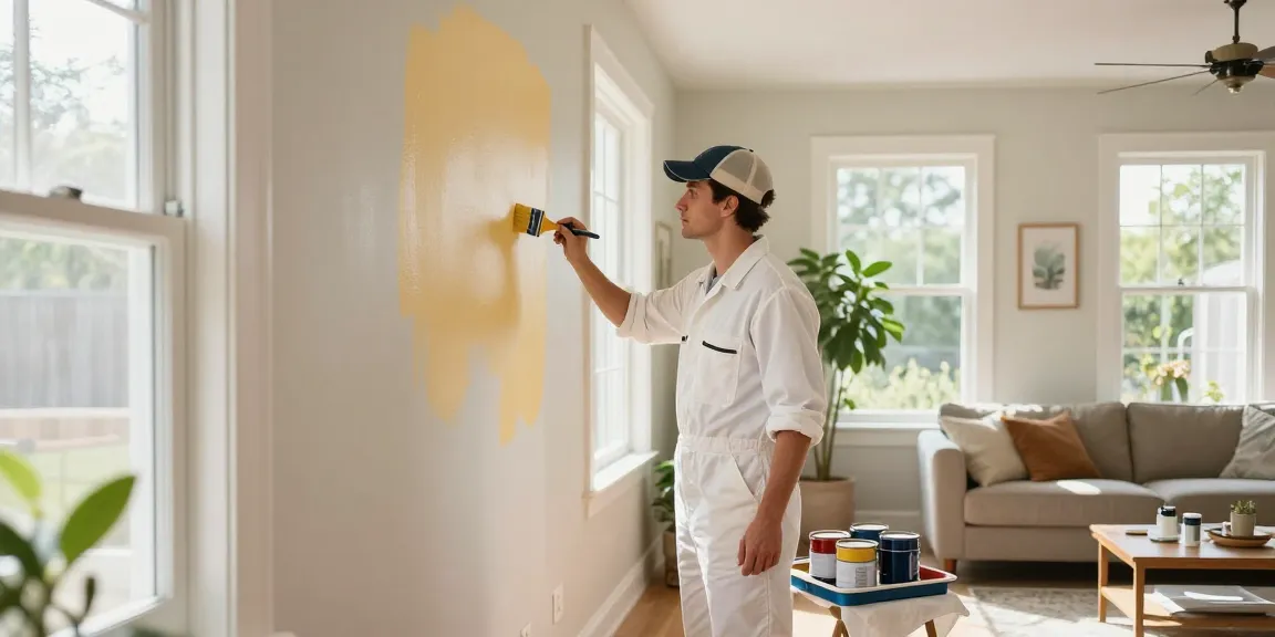 Professional lincoln painter applying fresh paint in a bright living room, showcasing craftsmanship and transformation.