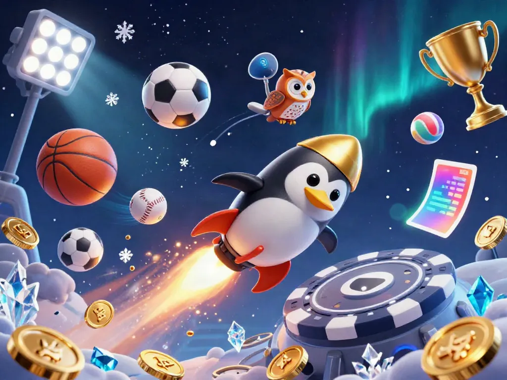 Experience the excitement of ku88 with the golden penguin racing towards a casino space station, surrounded by sports elements.