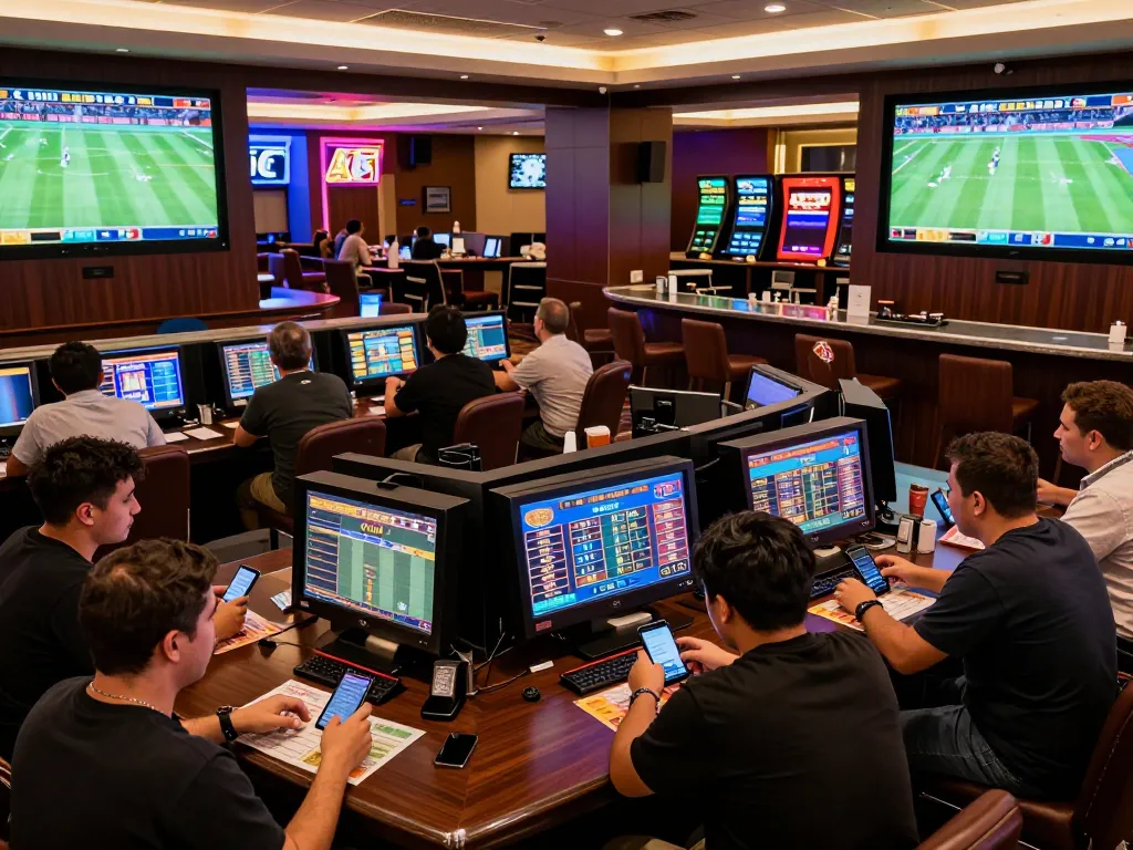 Sports enthusiasts at nhà cái HM88 engaging in dynamic sports betting experience along with large screens shows live matches.