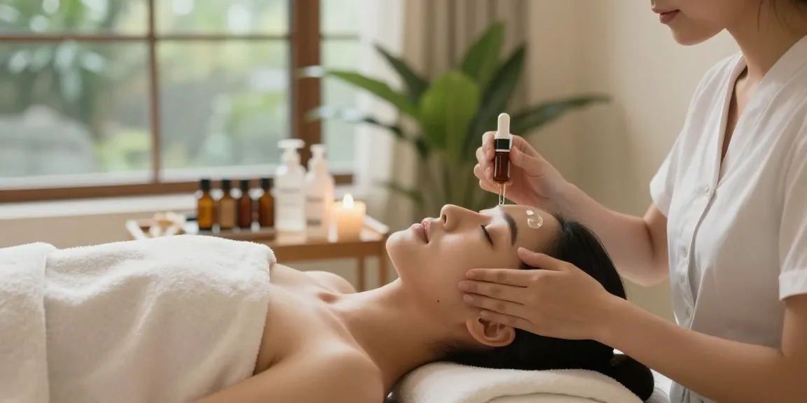 Woman enjoying a soothing facial with skin repair peptide in a tranquil spa setting.