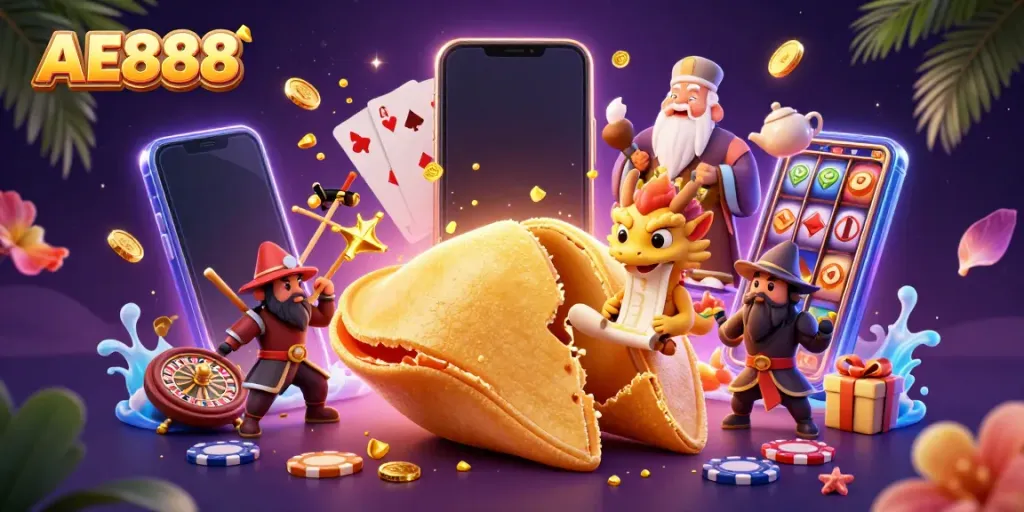 Experience the thrill of AE888 with engaging gaming visuals, featuring a golden fortune cookie and lively casino elements.