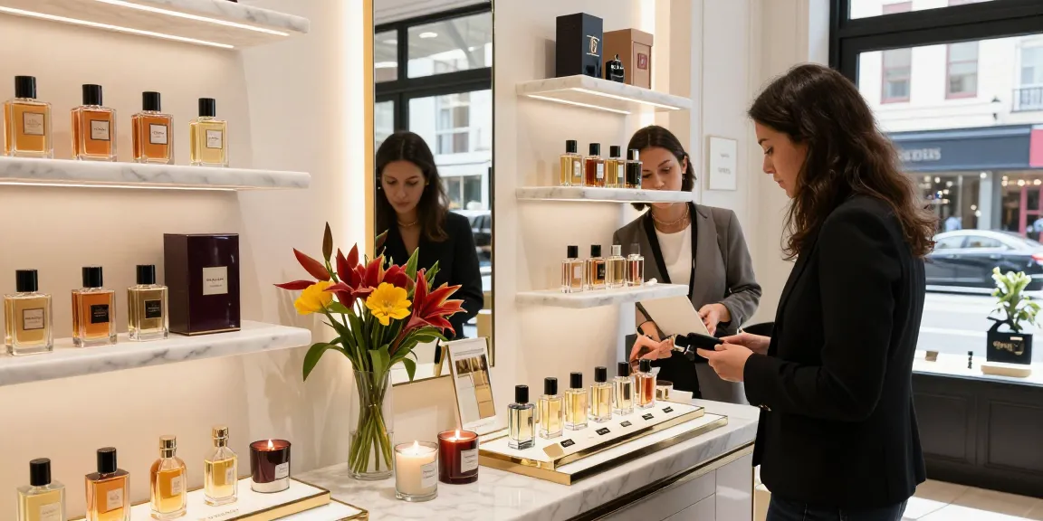 Goldfield & Banks luxurious fragrance display, elegant boutique with perfume bottles, fresh flowers, and attentive customer service